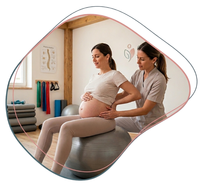 clases grupales blob Susana sentada sobre una pelota fucsia de fisioterapia