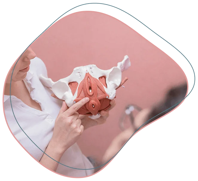 Susana indicando zonas del suelo pélvico en clases preparto